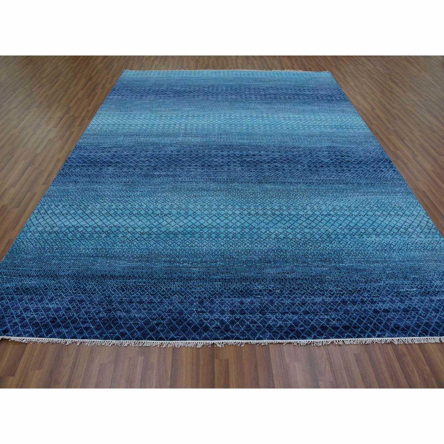 9'X11'7" Blue Pure Wool Hand Knotted Modern Chiaroscuro Collection Rug