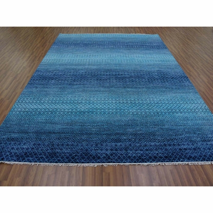 9'X11'7" Blue Pure Wool Hand Knotted Modern Chiaroscuro Collection Rug
