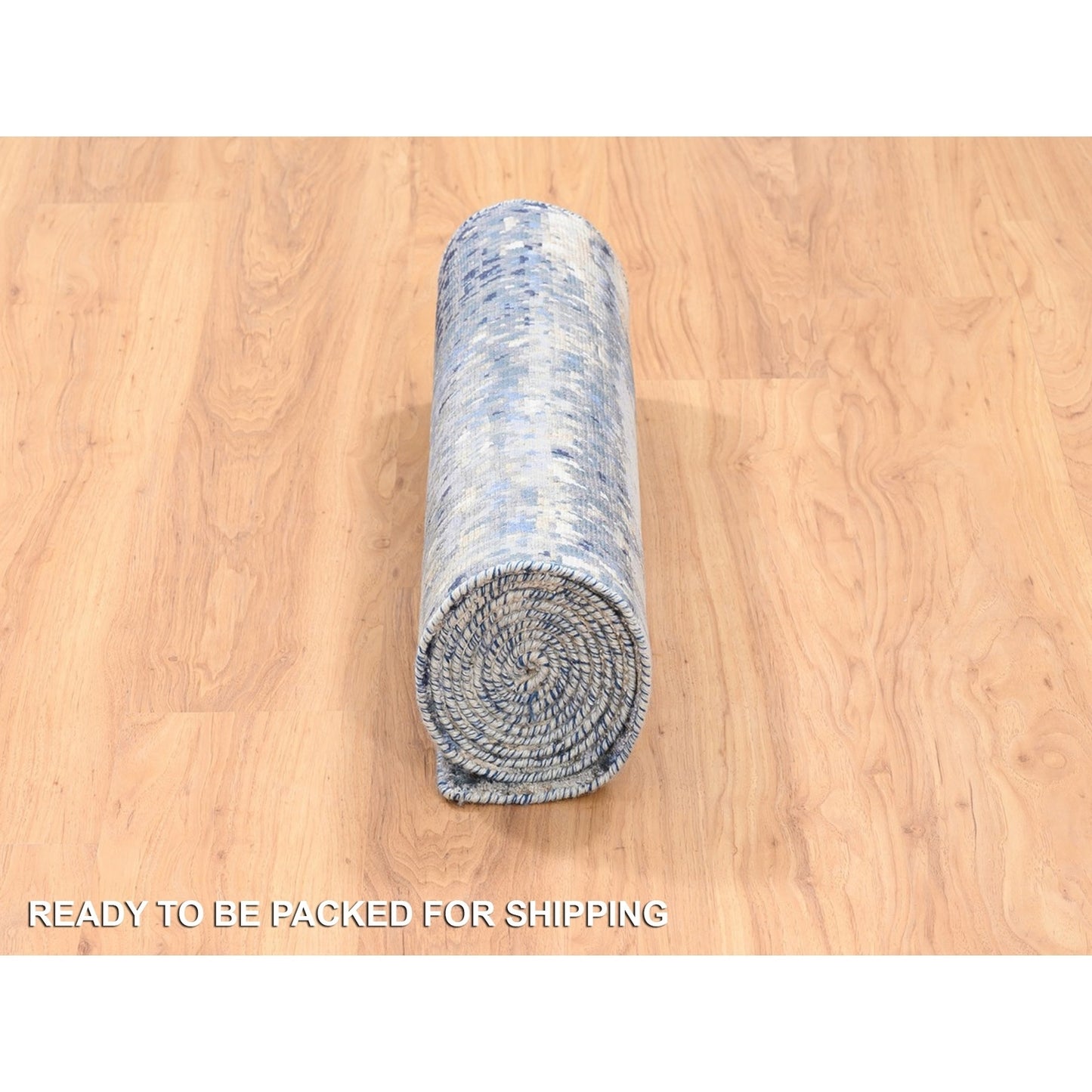2'5"x10' Blue Abstract With Mosaic Design Wool And Silk Hand Knotted Rug