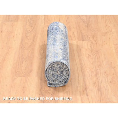 2'5"x10' Blue Abstract With Mosaic Design Wool And Silk Hand Knotted Rug