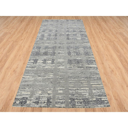 4'2"X10'1" Gray Hand Spun Undyed Naturalwool Hand Knotted Wide Runner Rug