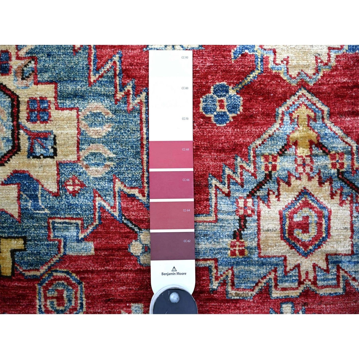 6'9"X9'9" Red Wool Afghan Super Kazak Geometric Elements Hand Knotted Rug