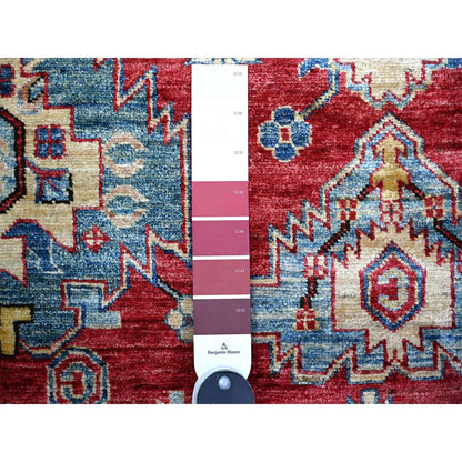 6'9"X9'9" Red Wool Afghan Super Kazak Geometric Elements Hand Knotted Rug