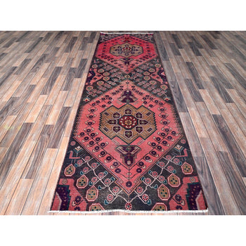 3'1'X9' Red Ovedyed Vintage Zoroastrian Hand Knotted Pure Wool Runner Rug