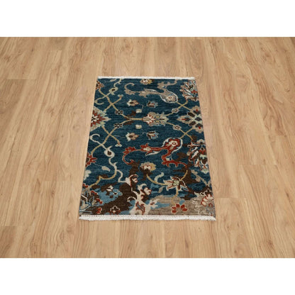 2'1"X3' Yale Blue Broken Pattern Oushak Design Wool Hand Knotted Mat Rug