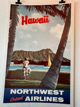 Northwest Orient Airlines Original Vintage Poster Hawaii 1950S Rare Linen Backed