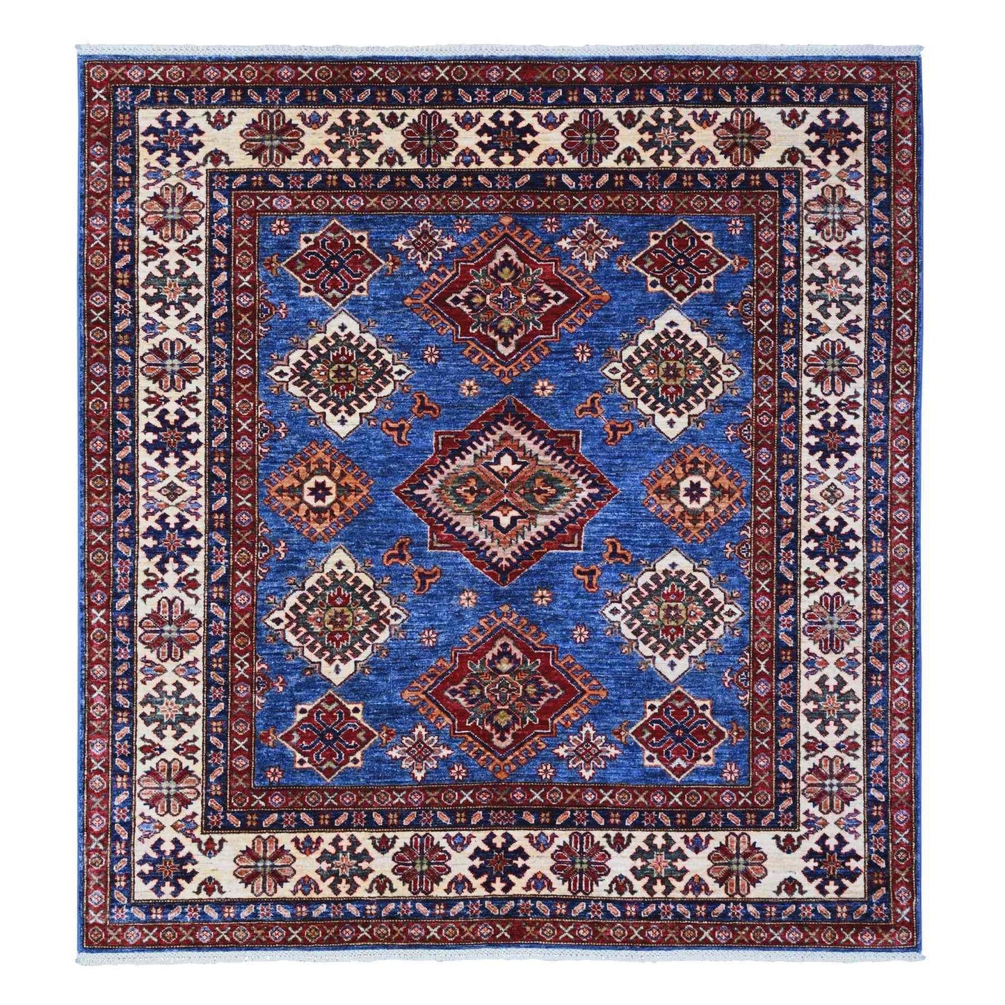 6'X6' Berry Blue Hand Knotted Super Kazak Medallions Wool Oriental Rug
