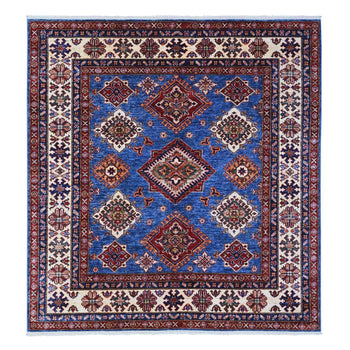 6'X6' Berry Blue Hand Knotted Super Kazak Medallions Wool Oriental Rug