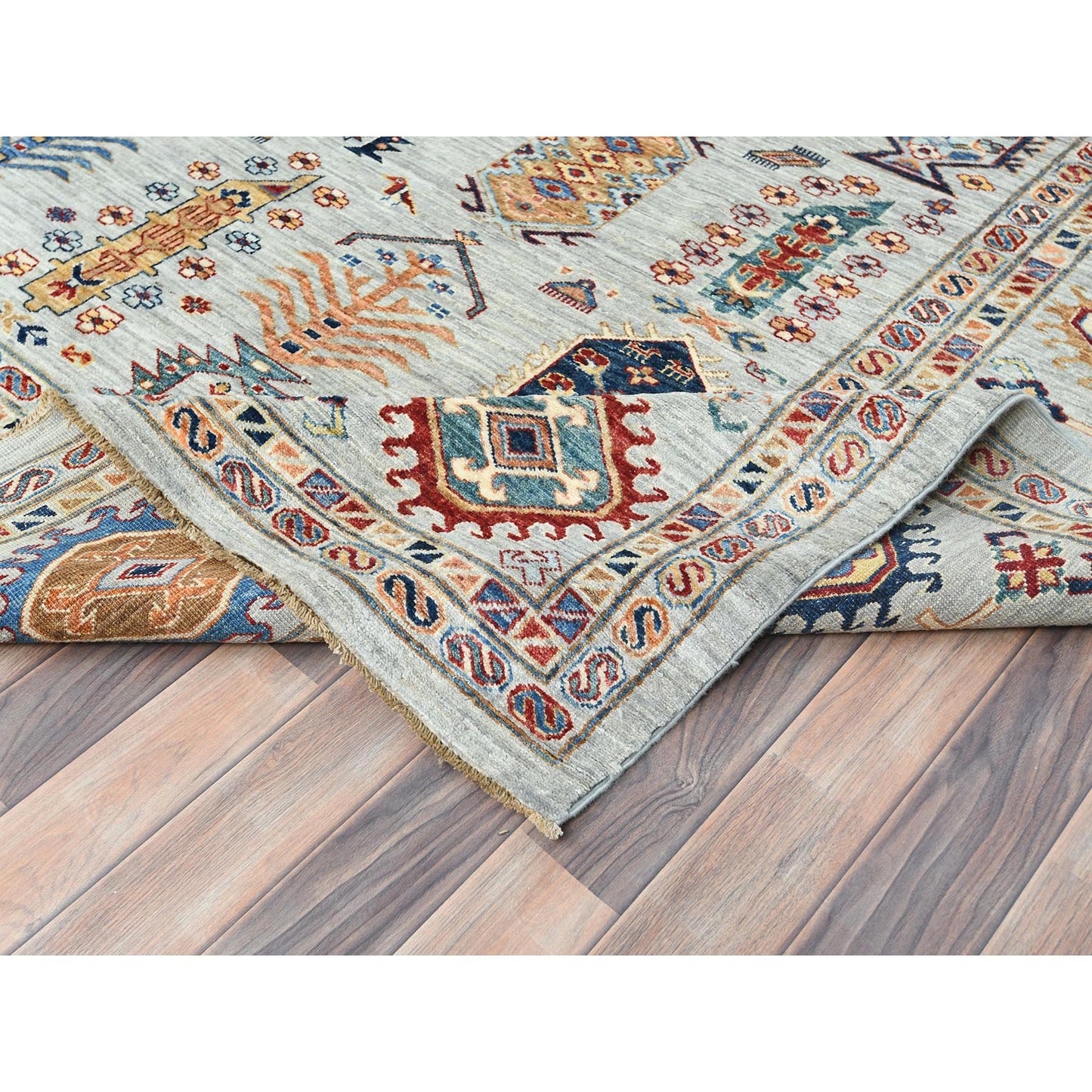 10'X14' Silver Blue Pure Wool Hand Knotted Afghan Super Kazak Rug