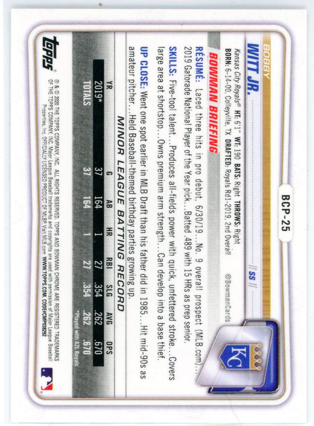 Bobby Witt Jr. 2020 Bowman Chrome 1St Bowman Card #Bcp-25