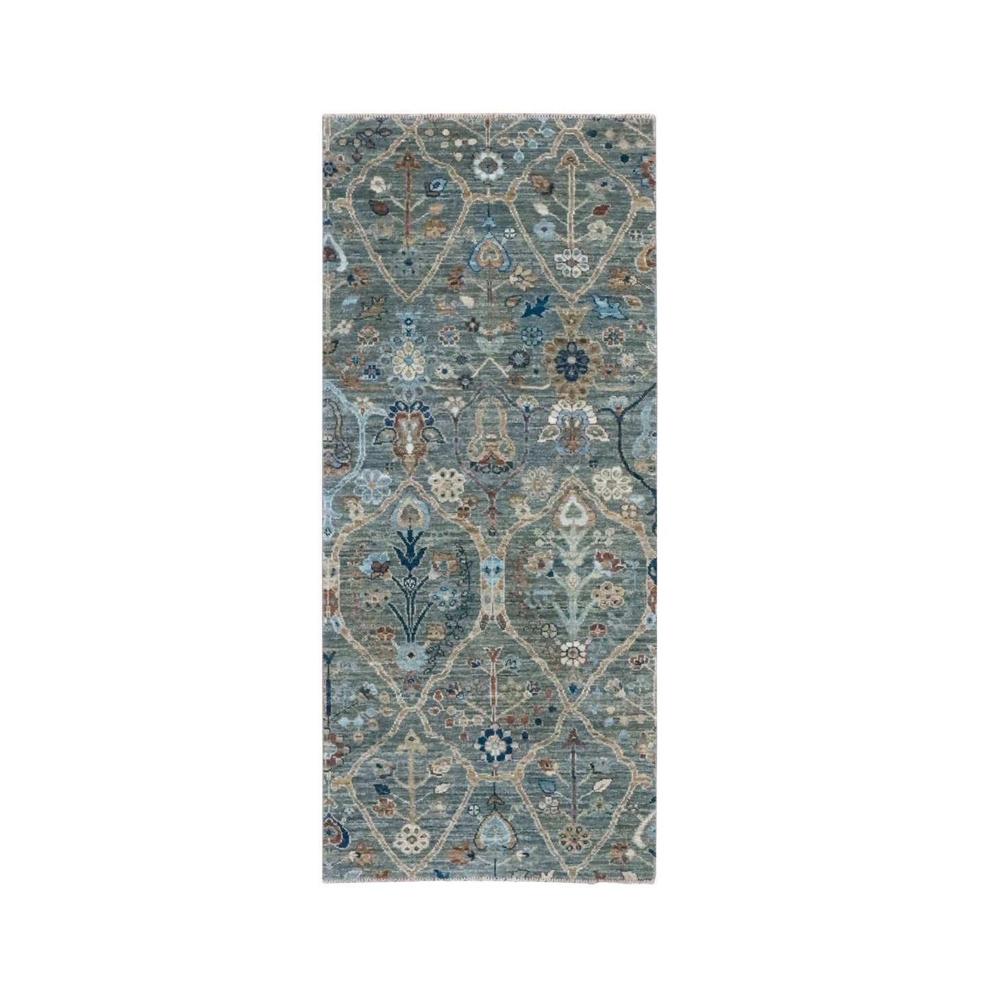 2'8"X6' Green Hand Knotted Pure Wool Rug Trellis Borderless Garden Design