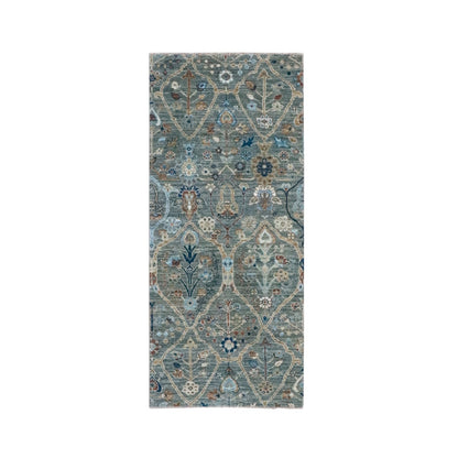 2'8"X6' Green Hand Knotted Pure Wool Rug Trellis Borderless Garden Design