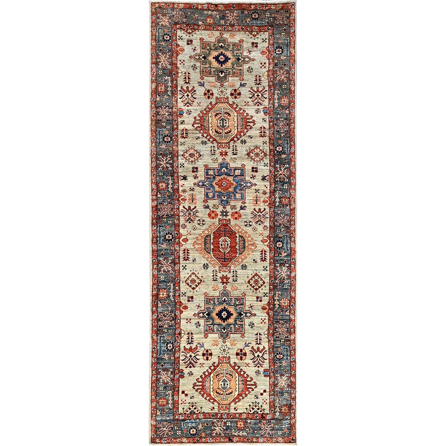 4'3"X13'1" Light Green Karjihooz Design Soft Wool Hand Knotted Runner Rug