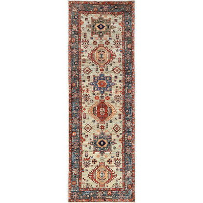 4'3"X13'1" Light Green Karjihooz Design Soft Wool Hand Knotted Runner Rug
