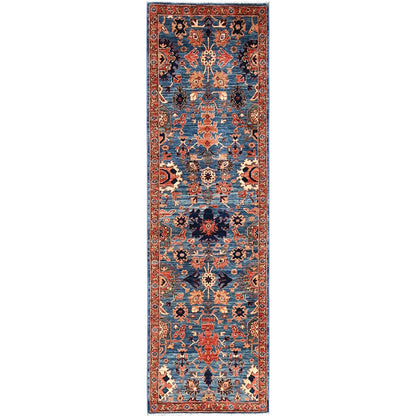 2'10"X9'7" Blue Heris All Over Design Soft Wool Hand Knotted Runner Rug