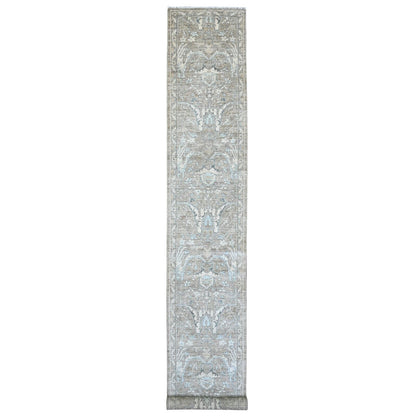 2'8"X19'4" Brown Washed Peshawar Leaf Design Hand Knotted Wool Runner Rug