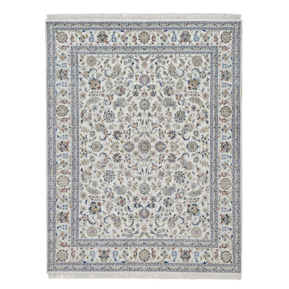 7'10"X10'3" Ivory Nain With Flower Pattern Wool And Silk Hand Knotted Rug