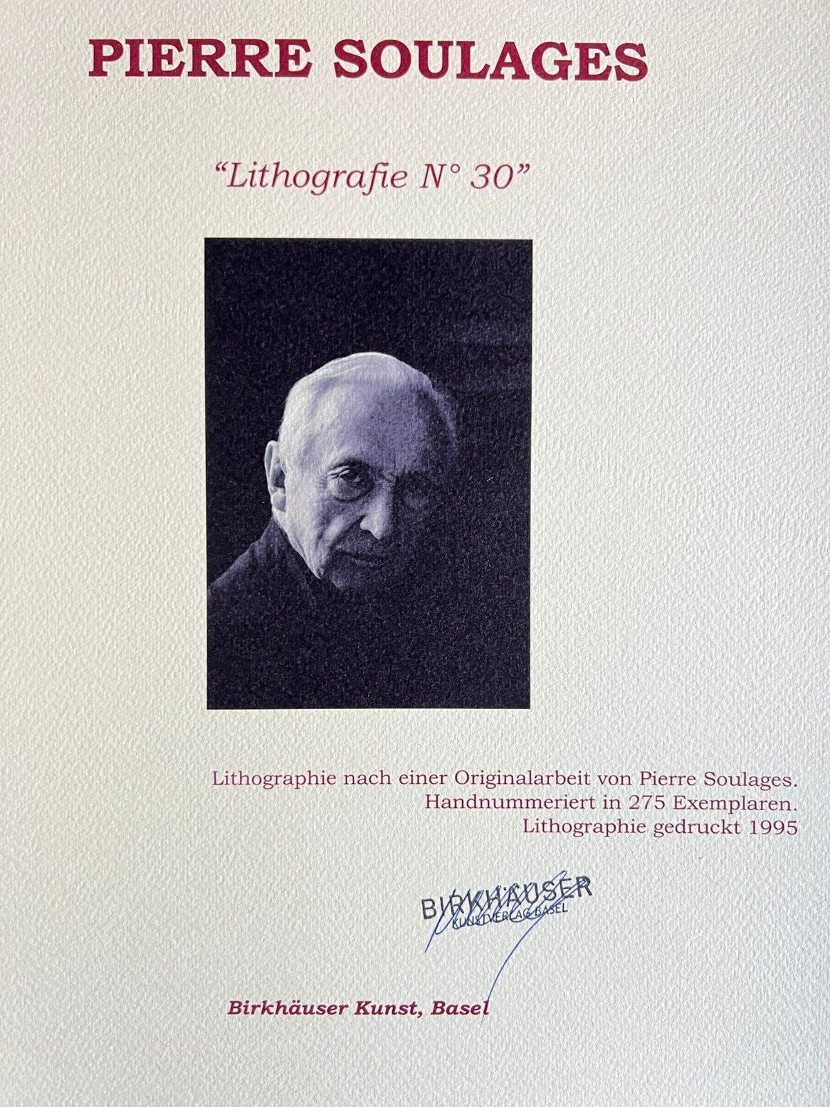 Pierre Soulages Coa 1995 Signed Op Numbered Pencil Limited