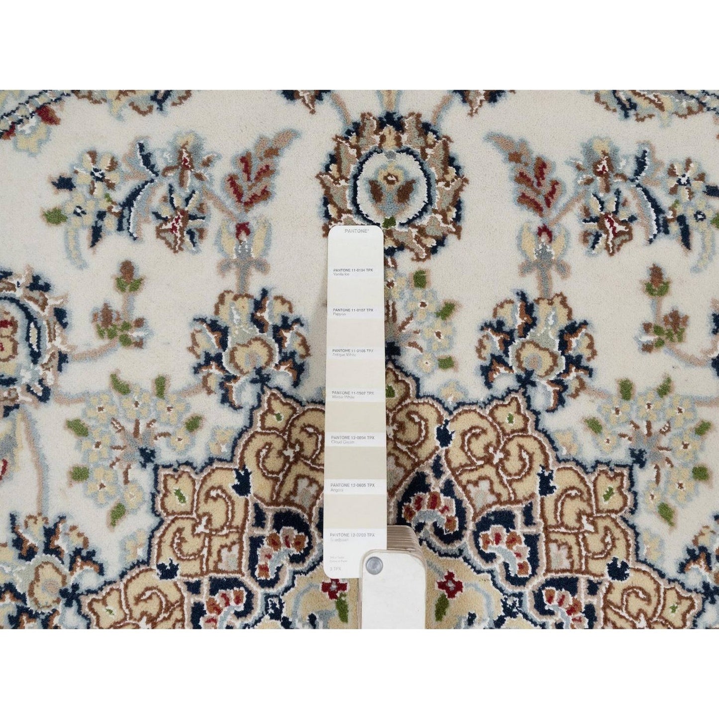 5'X5' Ivory Nain With Flower Design Hand Knotted Wool And Silk Round Rug
