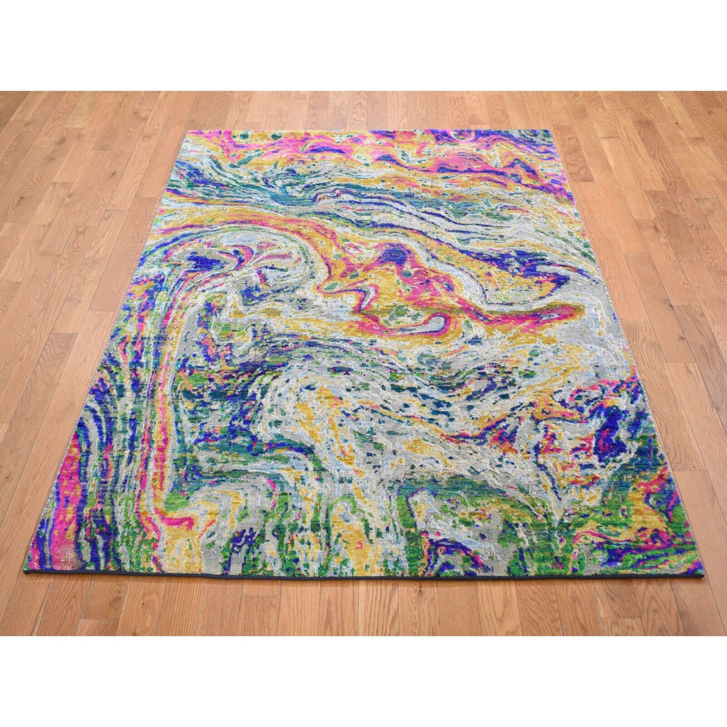 4'9"X6'7" The Lava Sari Silk With Textured Wool Hand Knotted Rug