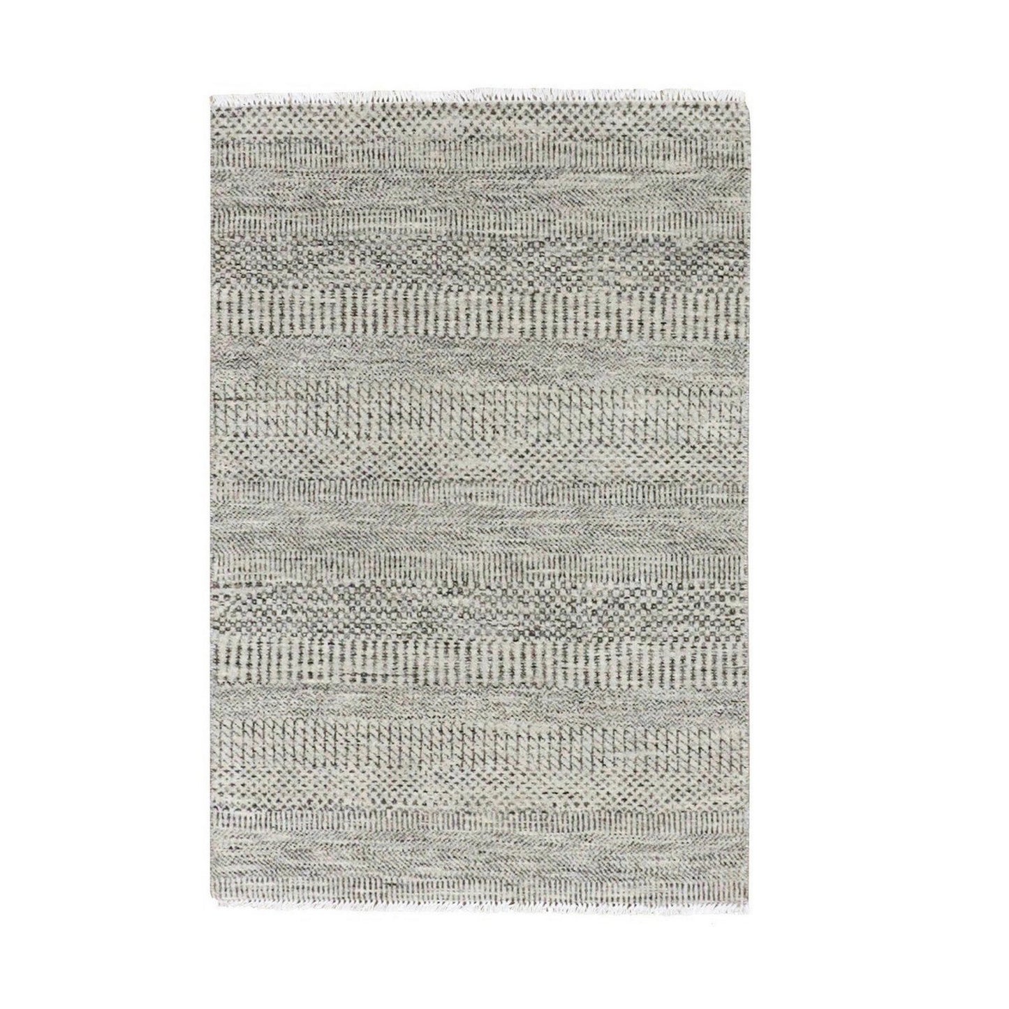 3'X4'10" Stone Eagle Gray Undyed Wool Grass Design Hand Knotted Rug