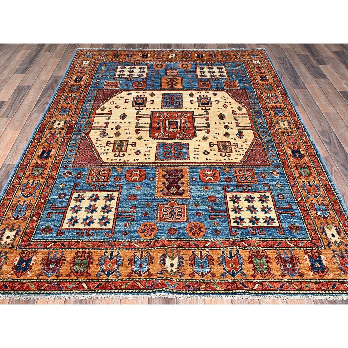 5'2"X7' Blue Antique Karachopf Kazak Design Soft Wool Hand Knotted Rug