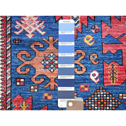 6'X7'10" Blue Afghan Caucasian Design Revival Hand Knotted Soft Wool Rug