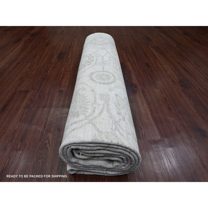 8'8"X11'5" White Hand Knotted Washed Out Peshawar Leaf Pattern Wool Rug