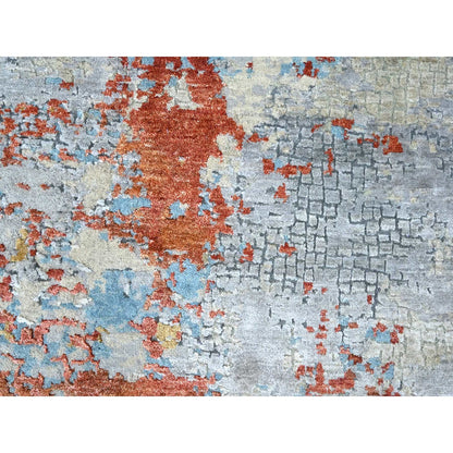 8'X8' Orange Abstract Mosaic Design Wool And Silk Hand Knotted Round Rug