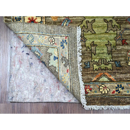 3'2"X11'8" Brown Peshawar Heris Design Pure Wool Hand Knotted Runner Rug