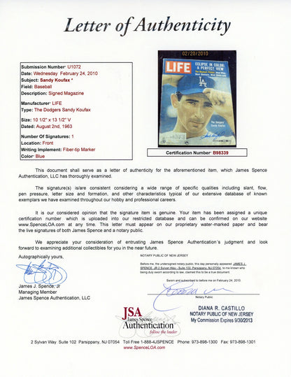 Sandy Koufax Autographed Life Magazine (Jsa)