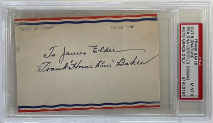Frank "Home Run" Baker Autographed 3X5 Index Card (Psa) Mint 9