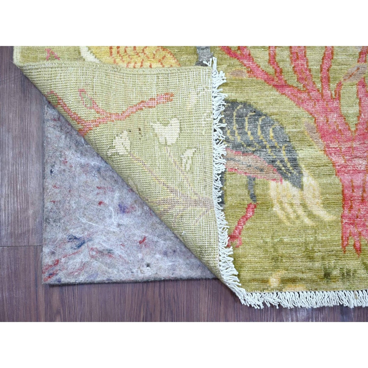 2'6"X7'8" Green Soft Wool Rug Birds Of Paradise Design Hand Knotted Runner