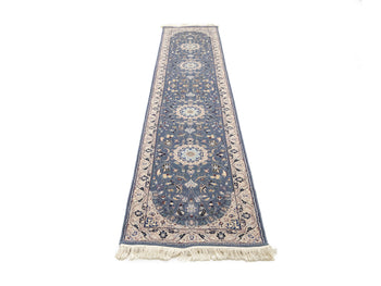 Blue-Gray Indo-Nain Wool Runner Rug Floral