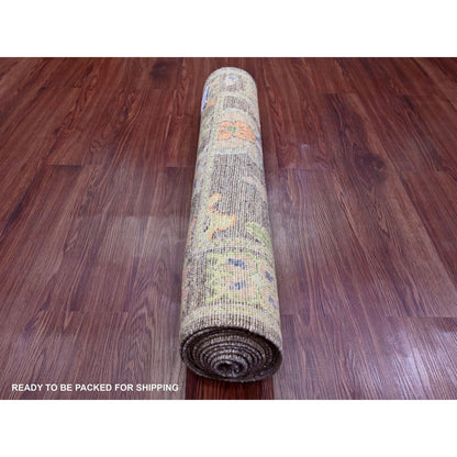 2'10"X10'4" Brown Hand Knotted Angora Oushak Leaf Design Wool Runner Rug