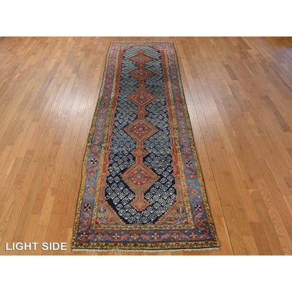 3'5"X12'6" Blue Antique Zoroastrian Malayer Wool Hand Knotted Runner Rug