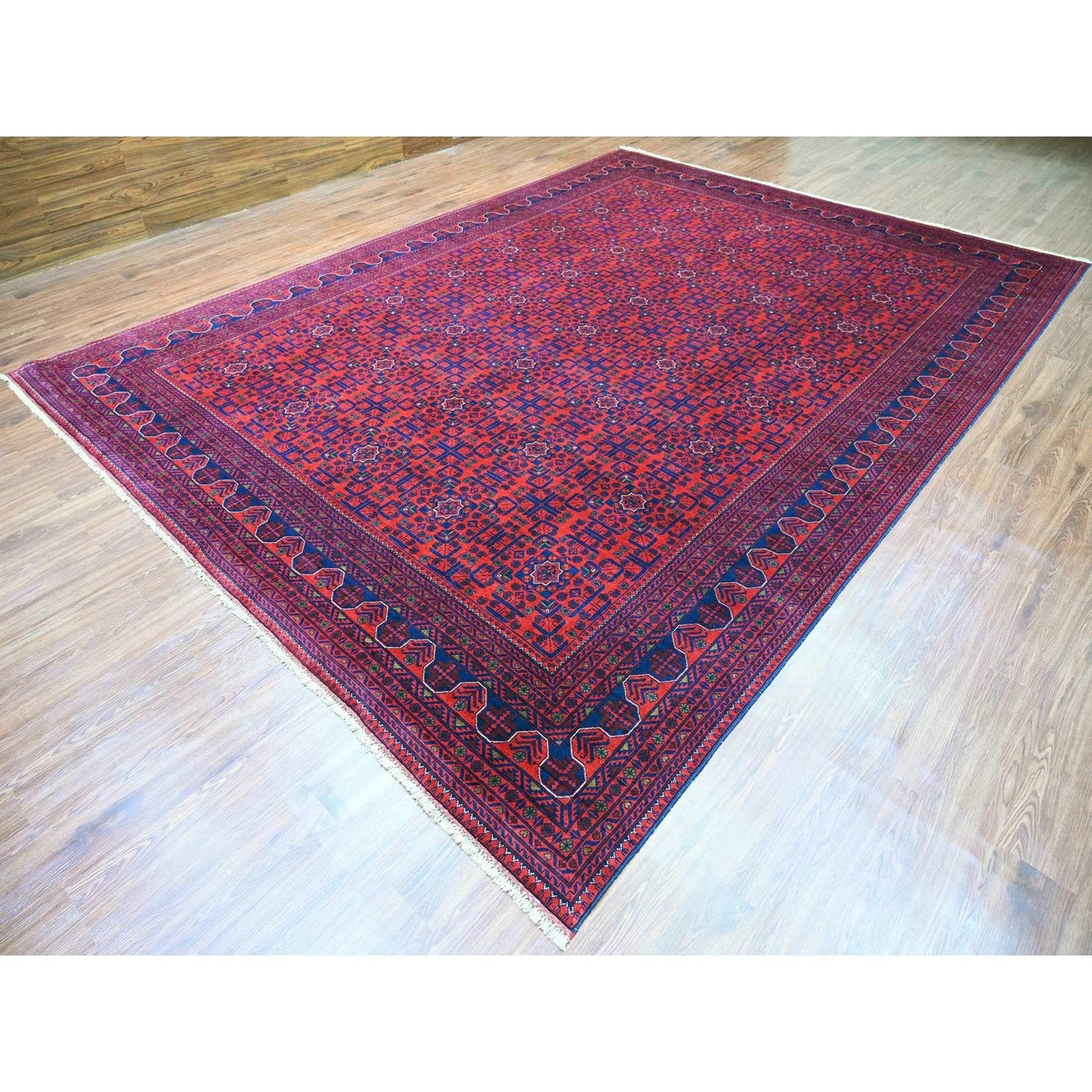 10'X13'6" Deep Red Afghan Khamyab Star Design 100% Wool Hand Knotted Rug