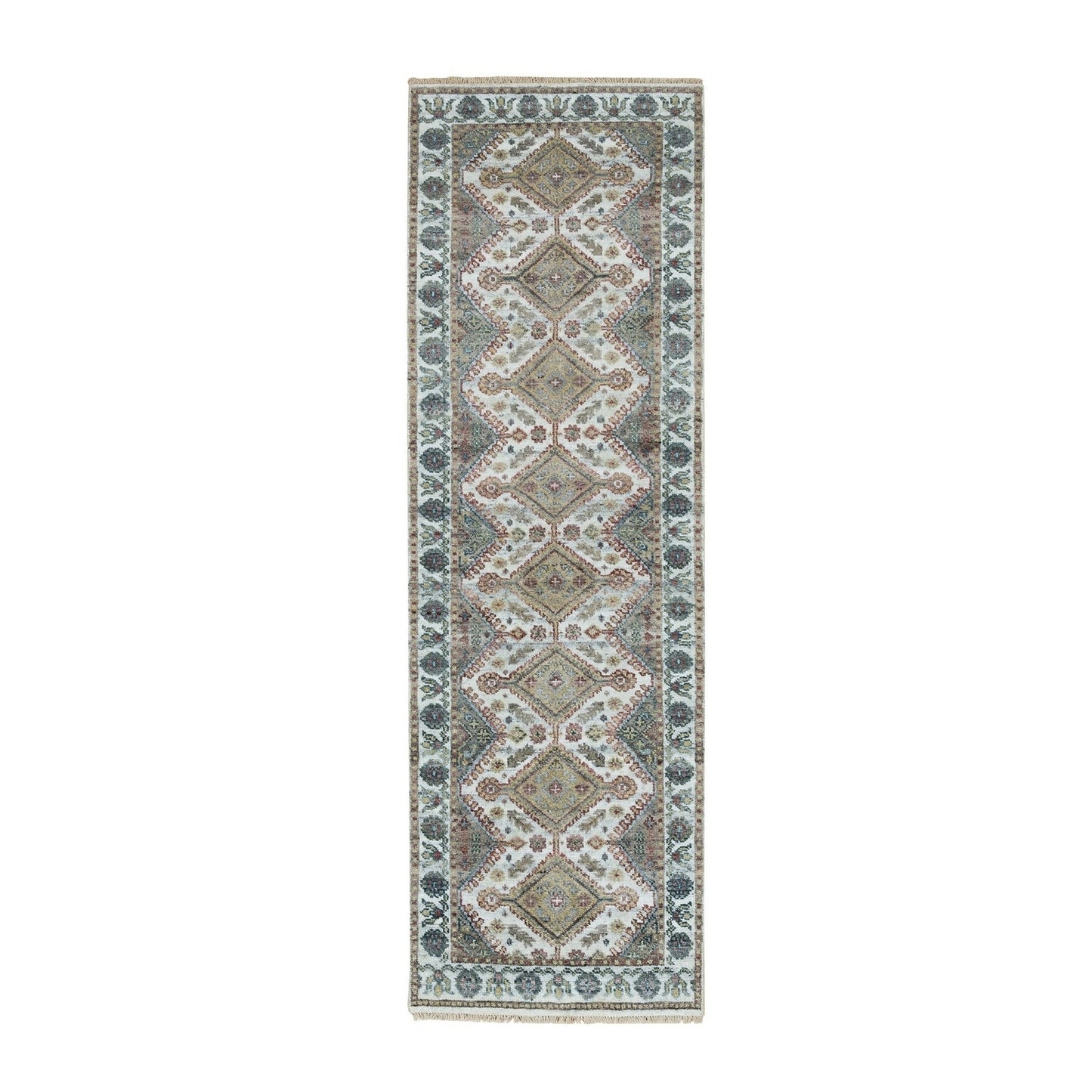 2'7"X8' White Hand Knotted Unique Flower Border Runner Oriental Rug