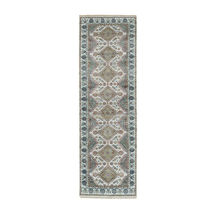 2'7"X8' White Hand Knotted Unique Flower Border Runner Oriental Rug