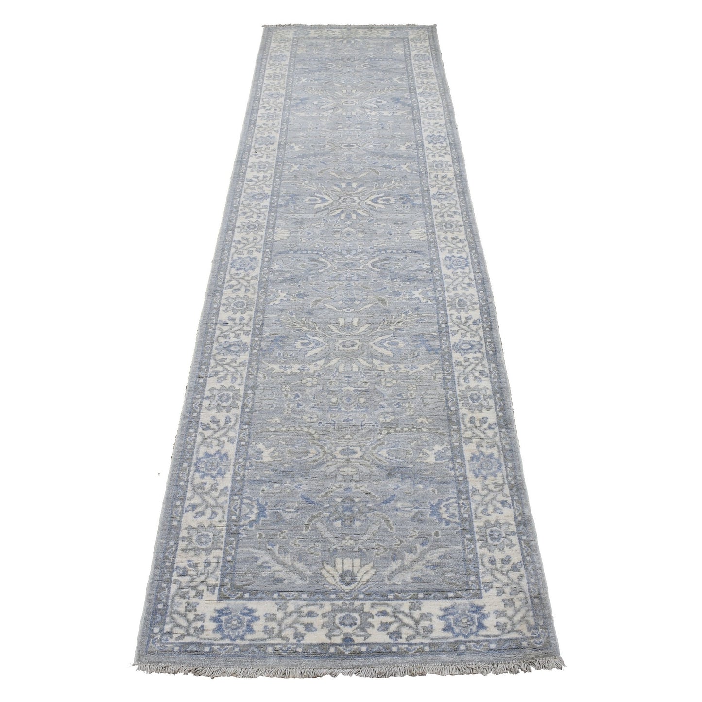 2'6"X9'9" Hand Knotted Gray Afghan Peshawar Extra Soft Wool Runner Rug