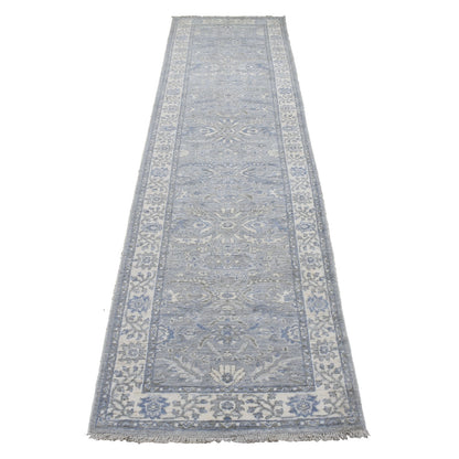 2'6"X9'9" Hand Knotted Gray Afghan Peshawar Extra Soft Wool Runner Rug