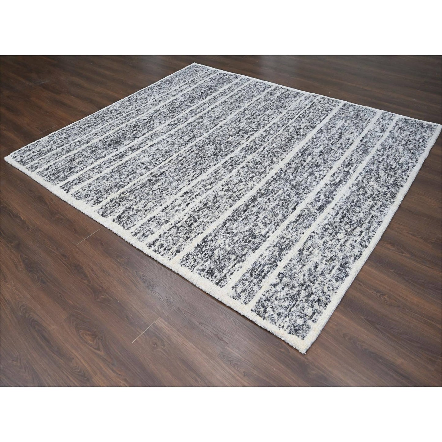 8'2"X9'10" Black And Ivory Modern Striae Design Wool Hand Knotted Rug