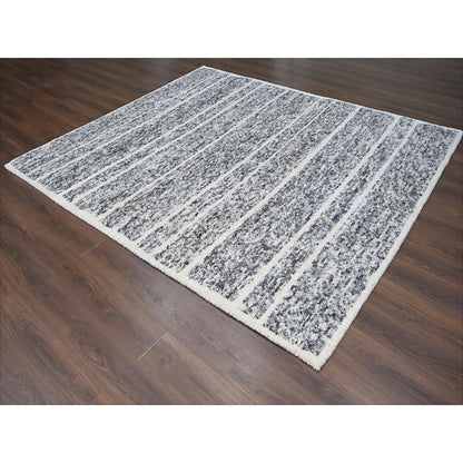 8'2"X9'10" Black And Ivory Modern Striae Design Wool Hand Knotted Rug