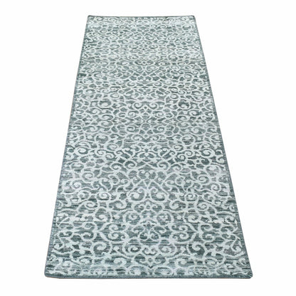2'9"X8' Green Modern Hand Knotted Wool And Silk Runner Oriental Rug