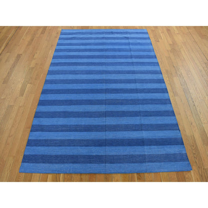 6'X9'3" Blue Pure Cotton Durie Kilim Flat Weave Hand Woven Reversible Rug