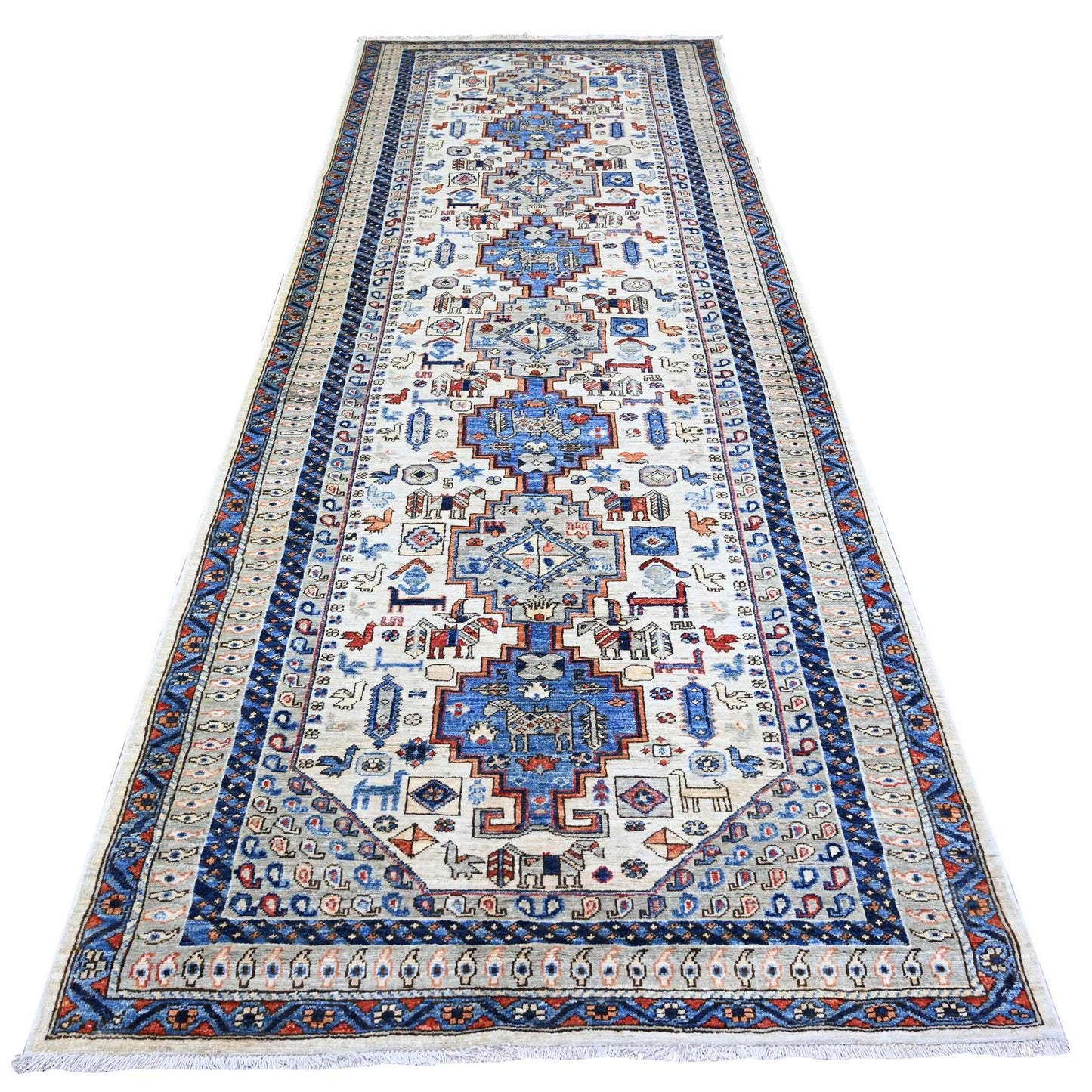 4'2"X11'4" Silky White Aryana Collection Wool Hand Knotted Oriental Rug