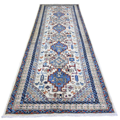 4'2"X11'4" Silky White Aryana Collection Wool Hand Knotted Oriental Rug