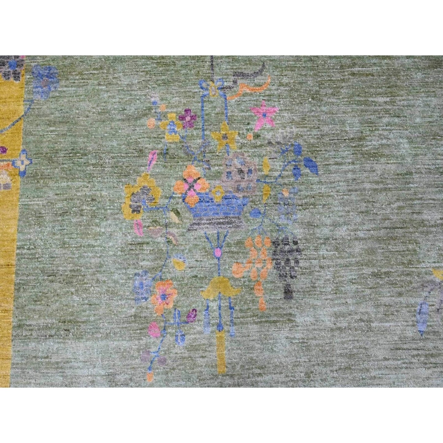 9'1"X12'5" Green Chinese Art Deco Inspired Peshawar Hand Knotted Wool Rug