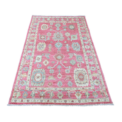 4'1"X6' Punch Pink Afghan Angora Oushak Leaf Design Hand Knotted Wool Rug