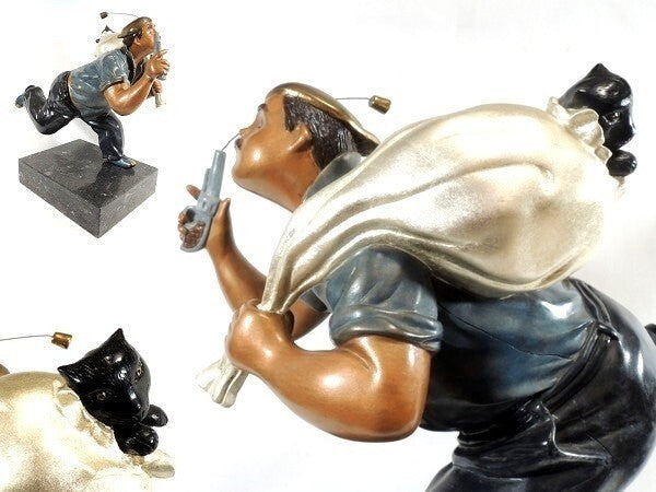 Hiro Yamagata Full Round Bronze Sculpture - Cat Burglar 1989 Signed Limited 375